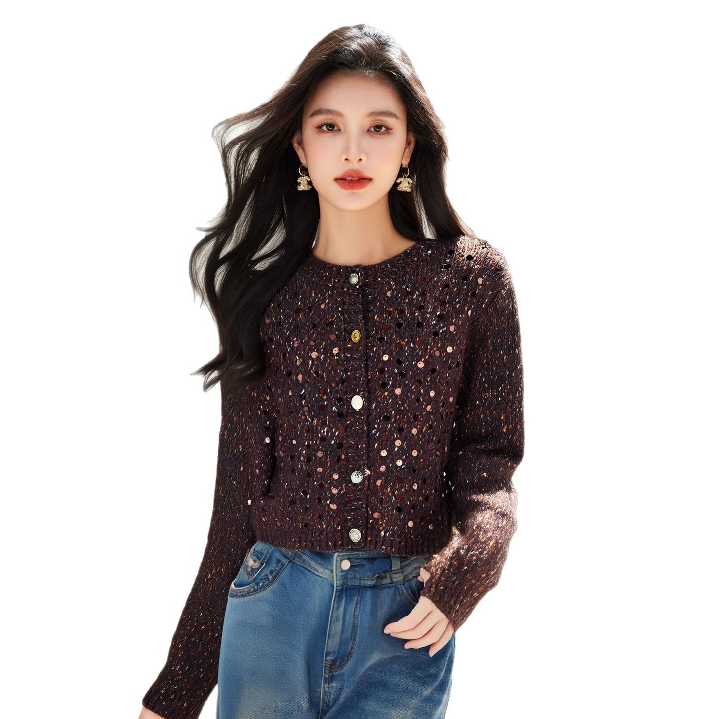 Women’s Knitted Cardigan Sweater Coat – Sequin Korean Style, Autumn Outerwear