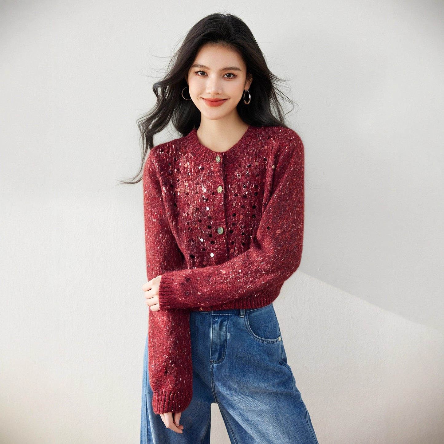 Women’s Knitted Cardigan Sweater Coat – Sequin Korean Style, Autumn Outerwear