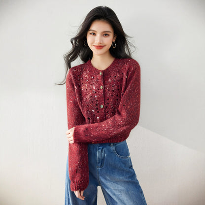Women’s Knitted Cardigan Sweater Coat – Sequin Korean Style, Autumn Outerwear