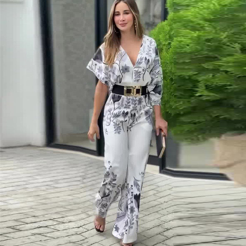 Temperament waist straight tube positioning printed jumpsuit