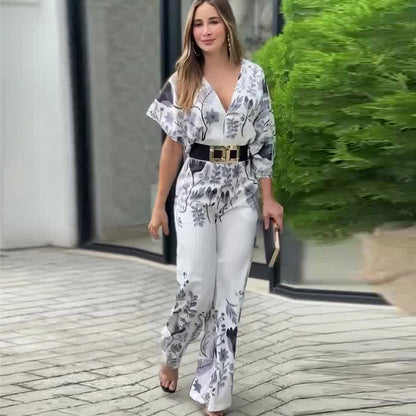 Temperament waist straight tube positioning printed jumpsuit