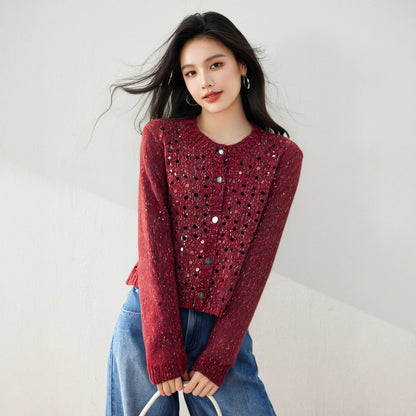 Women’s Knitted Cardigan Sweater Coat – Sequin Korean Style, Autumn Outerwear