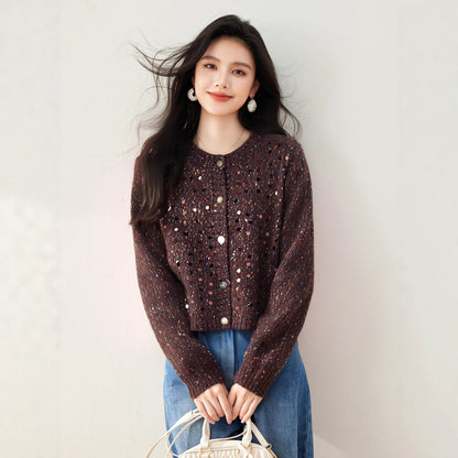 Women’s Knitted Cardigan Sweater Coat – Sequin Korean Style, Autumn Outerwear