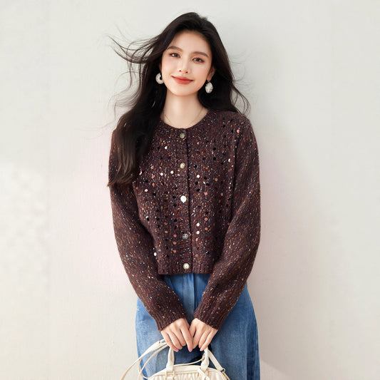 Women’s Knitted Cardigan Sweater Coat – Sequin Korean Style, Autumn Outerwear