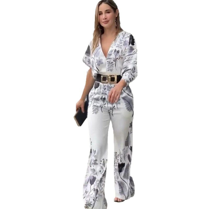 Temperament waist straight tube positioning printed jumpsuit
