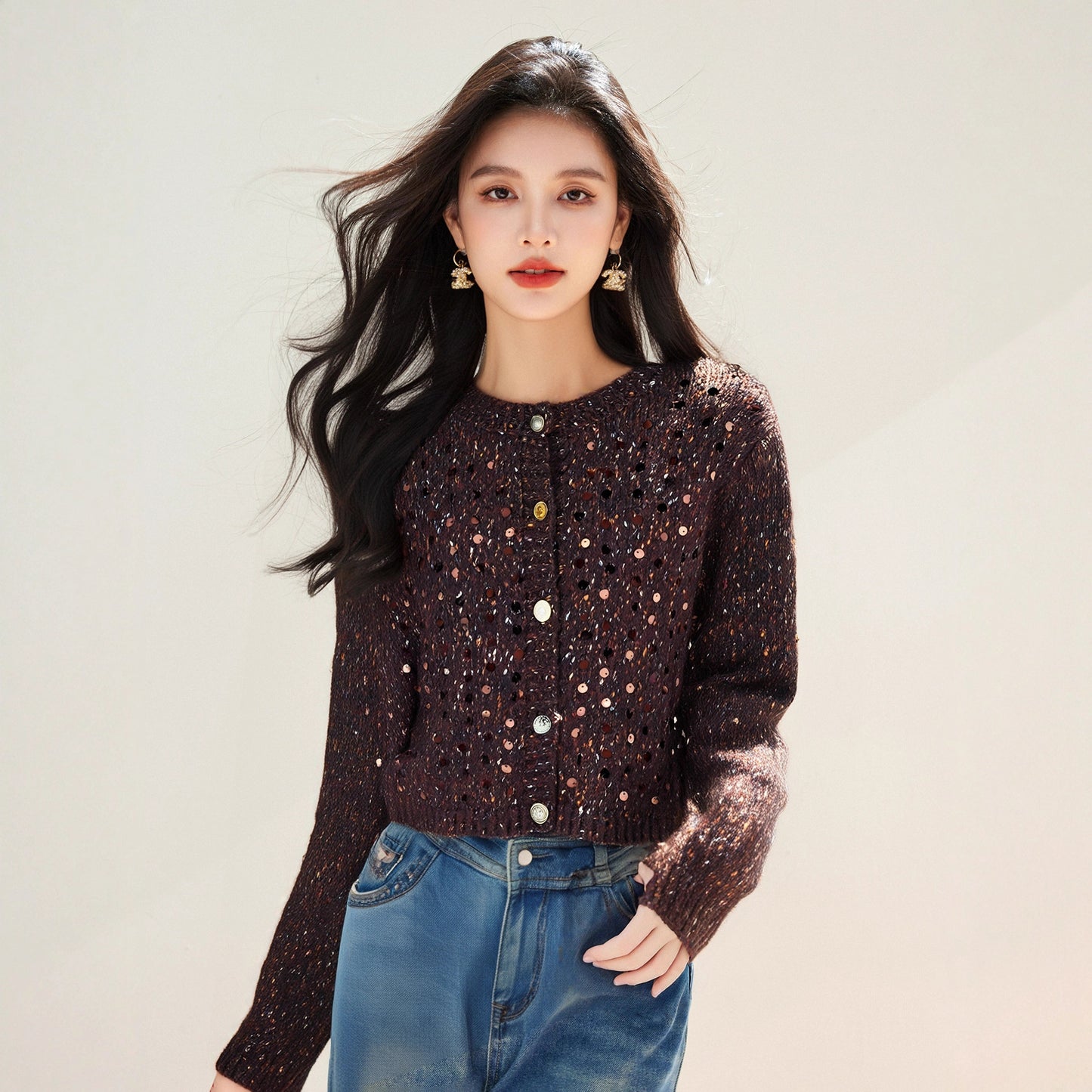Women’s Knitted Cardigan Sweater Coat – Sequin Korean Style, Autumn Outerwear