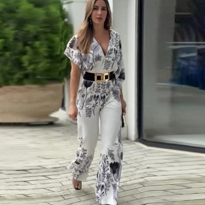 Temperament waist straight tube positioning printed jumpsuit