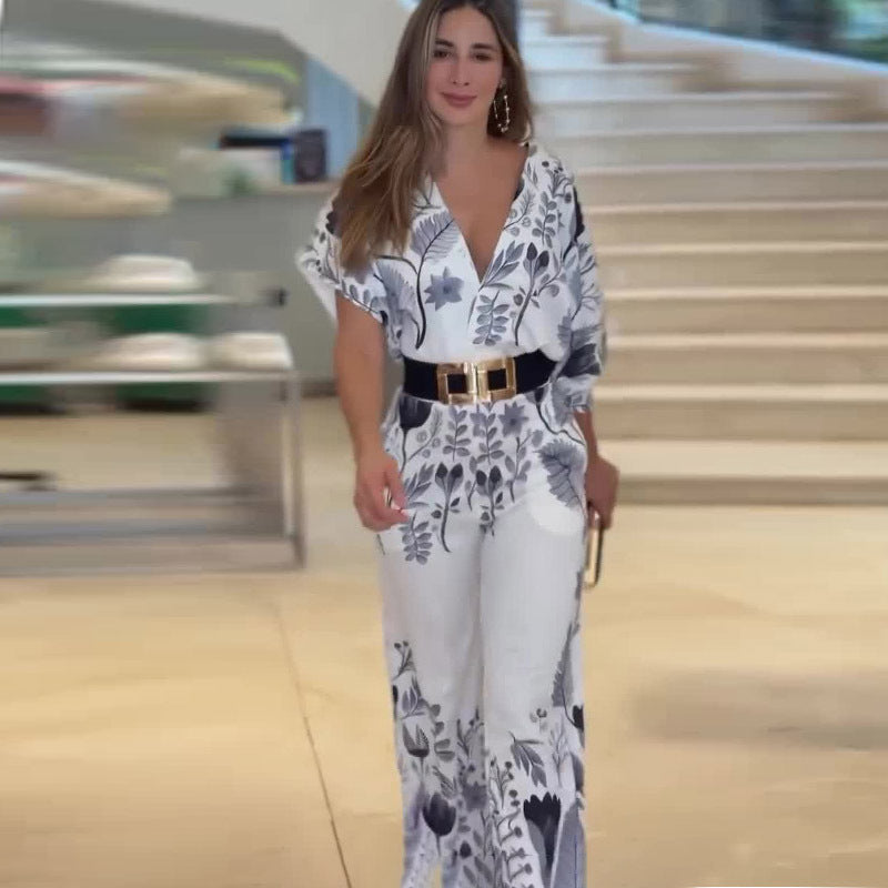 Temperament waist straight tube positioning printed jumpsuit