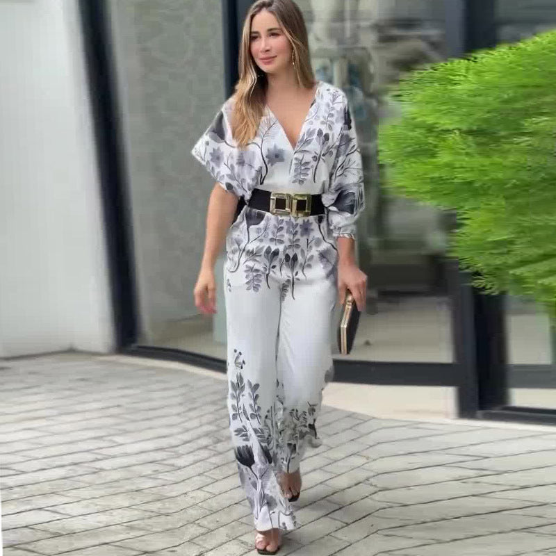 Temperament waist straight tube positioning printed jumpsuit